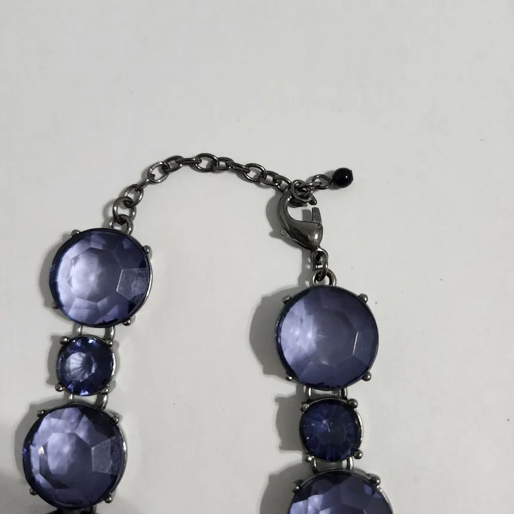 Necklace Gun Metal Blue Acrylic Round Circular Rhinestone Statement Adjustable